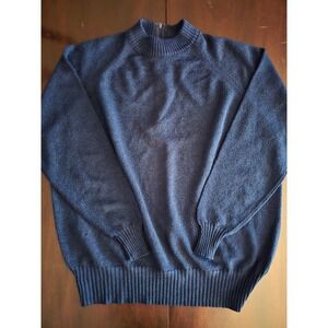 Navy Blue Boucle Knit Mock Neck Sweater Back Zipper Raglan Sleeve Relaxed Fit
